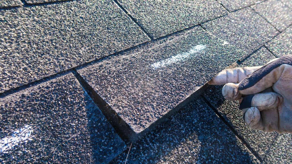 Roofing contractor inspects a damaged asphalt shingle to determine how long should a roof last and identify signs of wear or needed repairs.