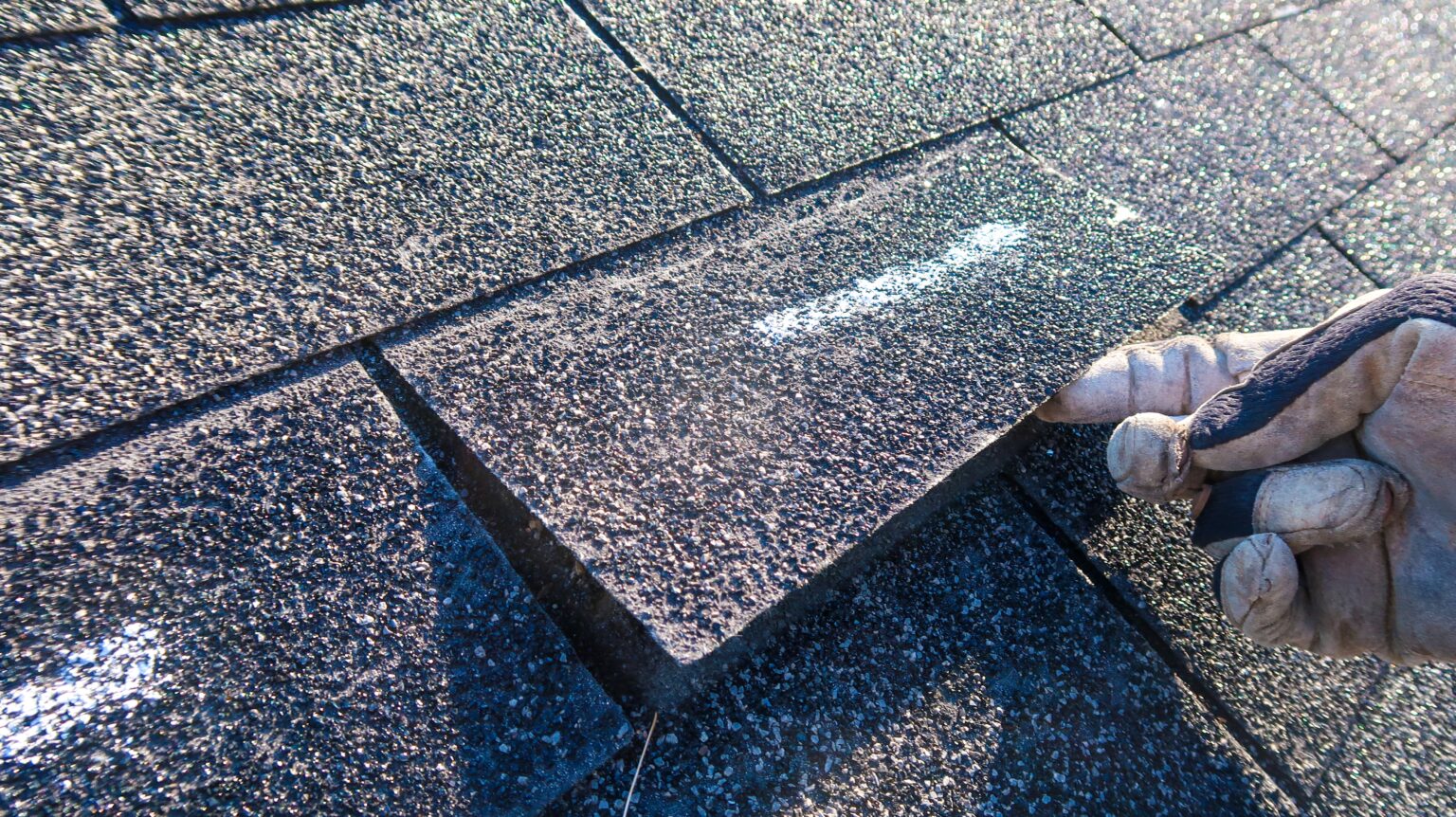 Roofing contractor inspects a damaged asphalt shingle to determine how long should a roof last and identify signs of wear or needed repairs.