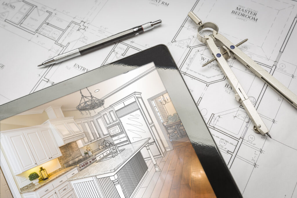 Architectural plans and kitchen design rendering showing how to prepare for a kitchen remodel.